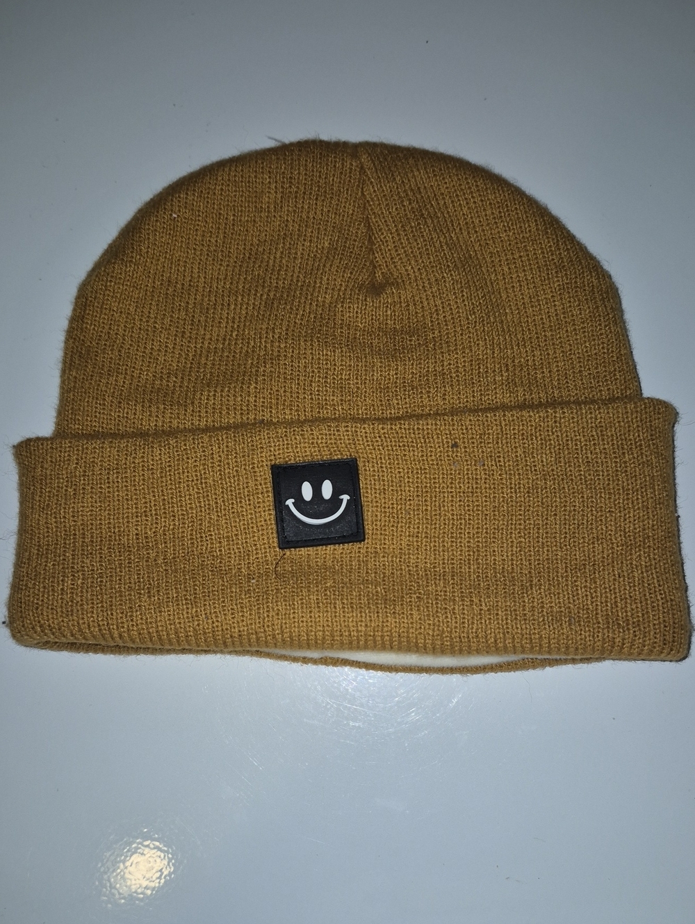 Smiley Patch Beanie in Mustard